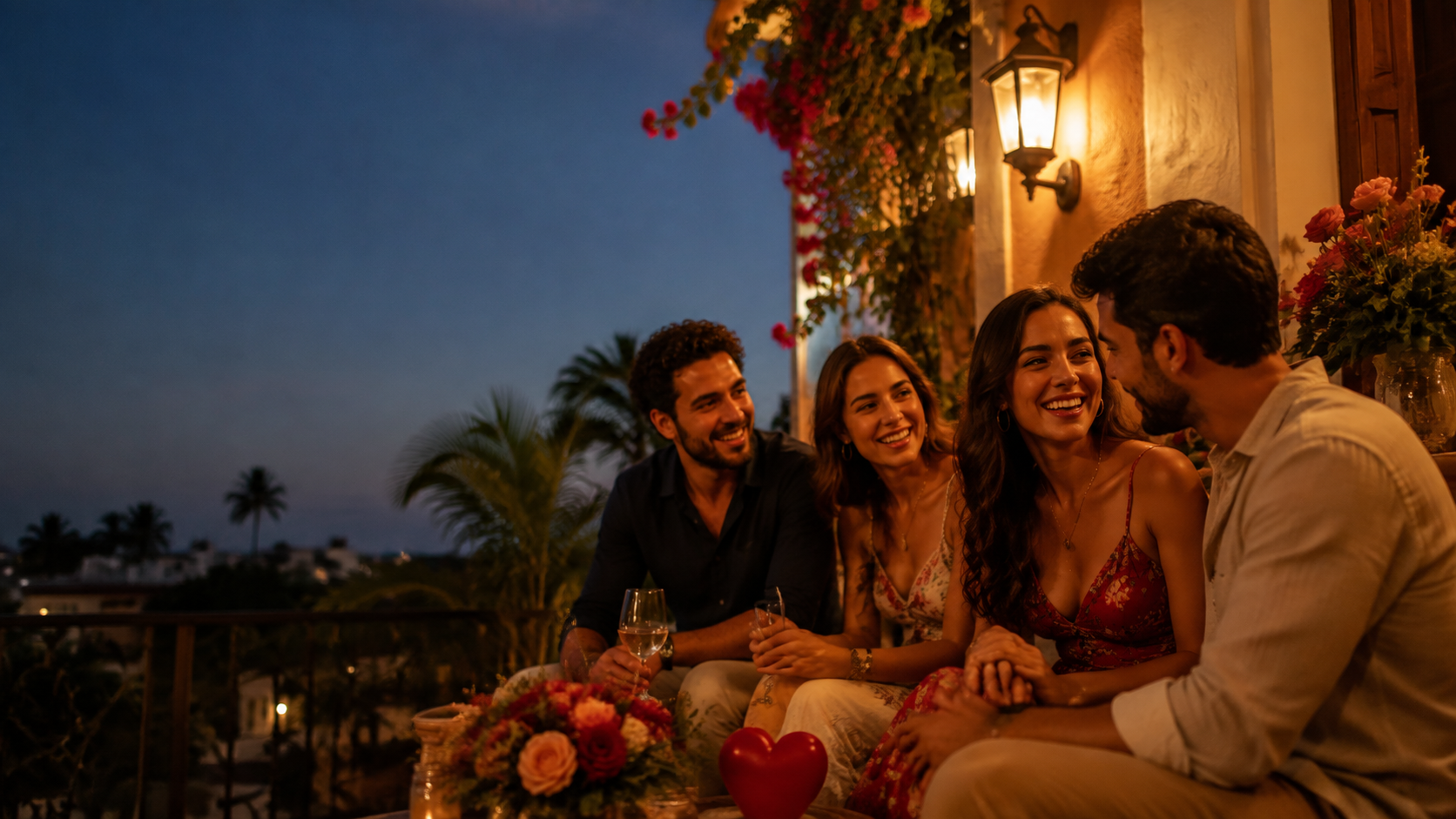 Amigos compartiendo una velada con flores en una terraza tropical